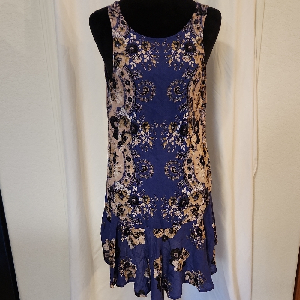 Floral Sleeveless Tank Flowy Intimately Free People Dress, Blue and Cream, S/XS